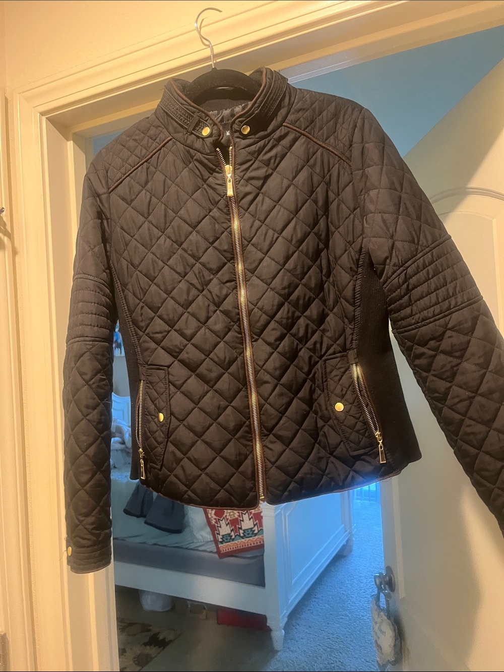 Active USA Black Quilted Bomber Jacket with Gold Accents